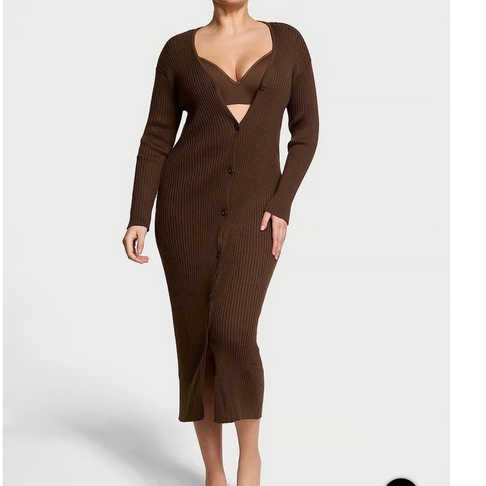 Victoria's Secret Brown Ribbed Luxe Crème Knit Midi Cardigan Dress Size Medium